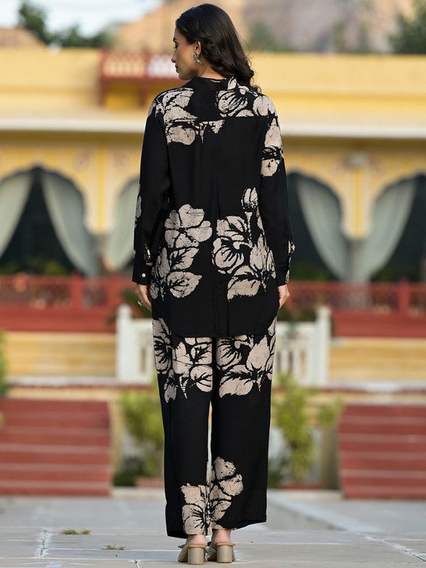 Black & Beige Coloured Muslin Floral Hand Printed Shirt collar Long sleeves Women Designer Party/Casual wear Shirt with Trousers Co-ords Set!!