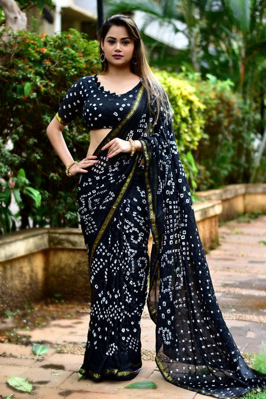 Black Coloured Premium Silk with Beautiful Bandhani Print Women Party/Festival wear Silk Saree with Runing Blouse!!