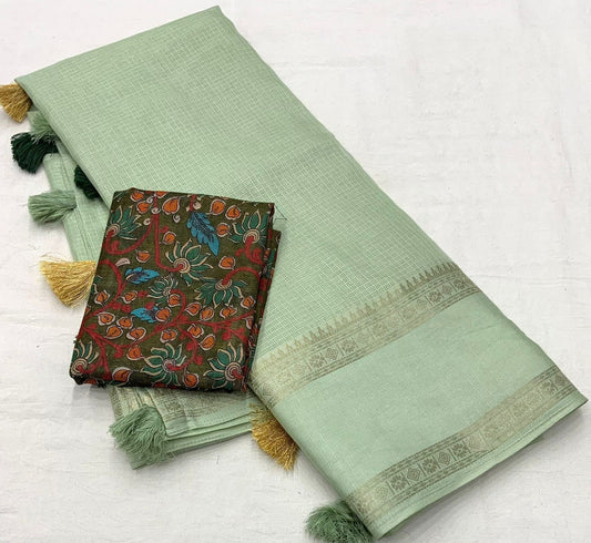 Dusty Green Coloured Kota Silk with Zari & Shine Sartin Woven Bentex Border Women Ethnic/Festival wear Plain Kota Silk Saree with Kalamkari Blouse!!