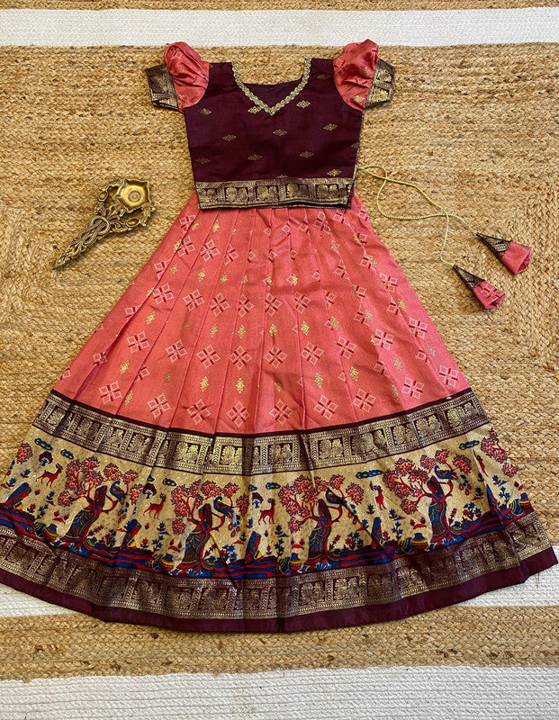 Pink & Multi Coloured Soft Dolla Silk with Patola Foil Print & Fancy Neck Girls Kids Festival Beautiful Designer Ethnic Lahenga with Blouse!!