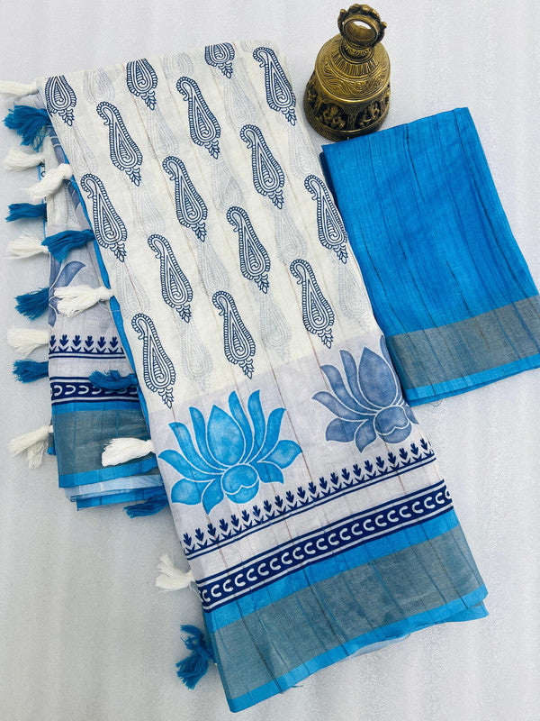 White & Blue Coloured Handloom Weaving with Gold jari border & Digital Print Women Party/Casual wear Cotton Saree with Blouse!!