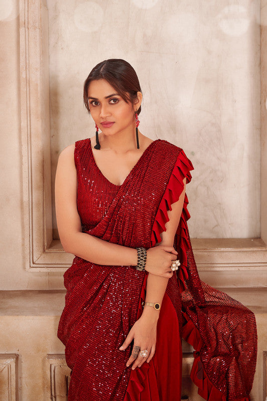 Maroon & Red Coloured with Imported Fabric & Sequence Work Women Designer Fancy Ready to wear Saree with Sequence Blouse!!