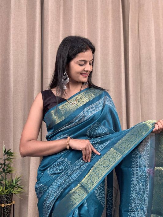 Rama Blue & Multi Coloured with Golden Zari & Zig Zag Border Women Designer Soft Tusser Silk Saree with Contrast Blouse!!