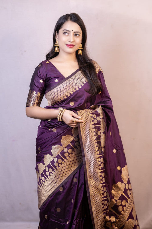 Wine Coloured with Zari Woven Women Ethnic/Festival wear Banarasi Tree Design Soft Silk Saree with Zari Woven Blouse!!