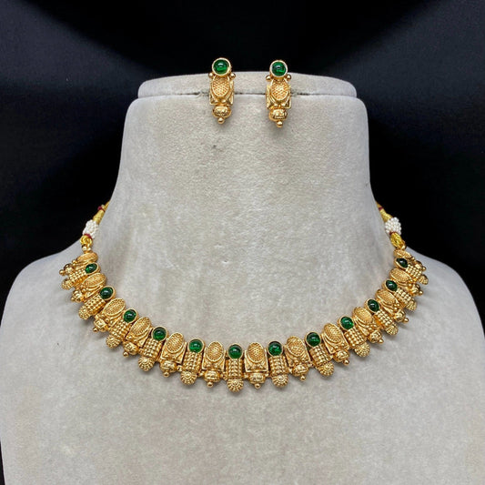 Gold & Green Coloured Pure Brass and Copper with Real Kundan Stones Women Designer Gold Plated Choker with Earrings Set!!