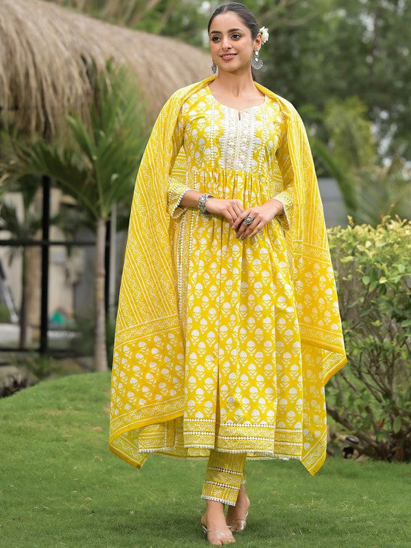 Yellow Coloured Pure Cotton with Floral Print Round Neck 3/4 Sleeves Women Designer Party/Casual wear A-line shape Kurta with Trousers & Dupatta!!