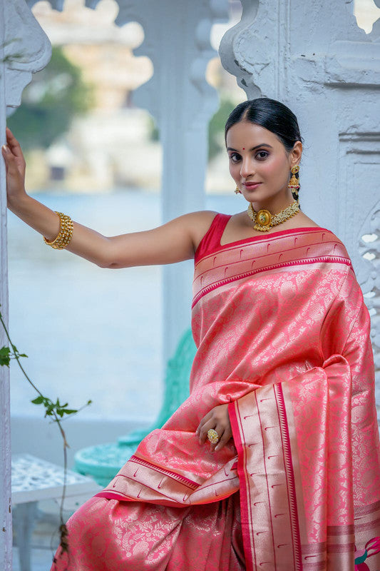 Pink & Multi Coloured Soft Kanjivaram Silk with Rich Paithani Pallu Women Ethnic/Festival wear Soft Silk Saree with Contrast Blouse!!