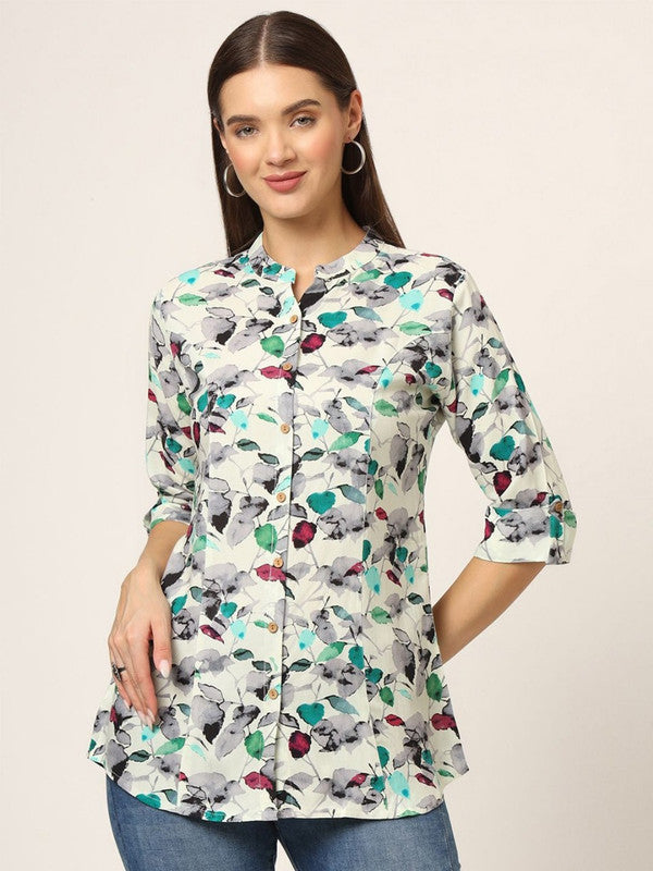 Multi Coloured Rayon with Floral print Mandarin collar roll-up sleeves Women Party/Daily wear Western Shirt Style Top!!