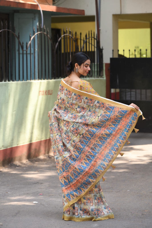 Beige & Multi Coloured Heavy Linen with Beautiful Digital Print Women Party/Casual wear Cotton Saree with Running Blouse!!