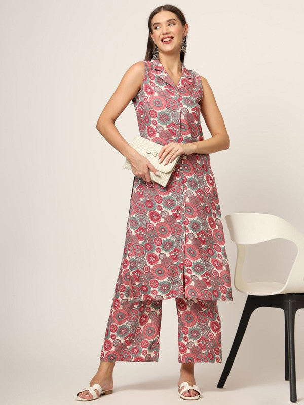 Maroon & White Coloured Viscose Rayon with Floral printed Lapel Collar Sleeveless Women Designer Party/Casual wear Straight Shape Kurta with Trousers!!