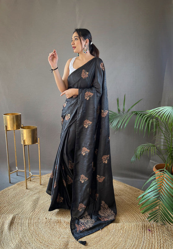 Black Coloured Soft Silk with Zari, Embroidery and Piping Work Women Ethnic/Party wear Silk Saree with Running Butti Blouse!!