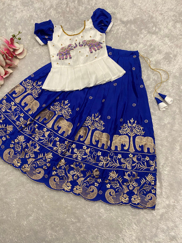 Blue & Multi Coloured Soft Chinon Silk with Zari Embroidery & Cut Work Girls Kids Festival Elephant Design Ethnic Lahenga with Blouse!!