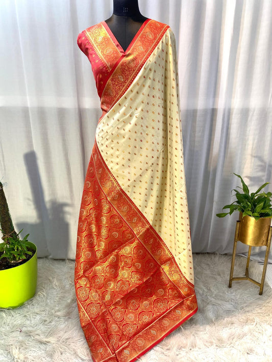 Cream with Red & Multi Coloured Soft Paithani silk with Weaving Border & Rich Pallu Women Festival/ Party wear Silk Saree with Blouse!!