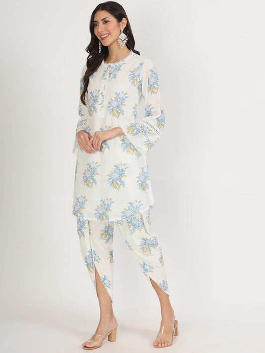 Off White with Blue Coloured Pure Cotton with Floral Printed Round Neck, three-quarter sleeves Straight Women Party/Casual wear Kurta with Dhoti Pants!!