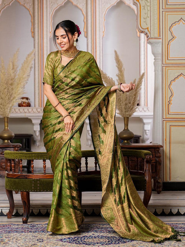 Parrot Green Coloured with Rich Pallu Dual Tone Tassels, Zari & Sequence Work Women Ethnic/Festival wear Organza Silk Saree with Brocade Blouse!!