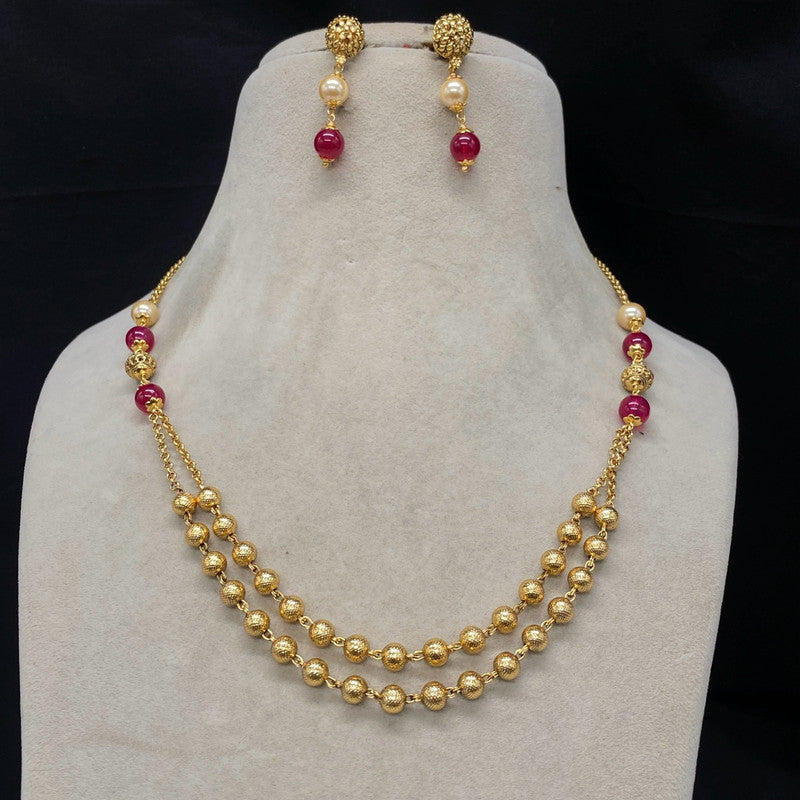 Gold & Maroon Coloured Pure Brass with Perals &  One Gram Gold Plated Women Designer Beautiful Mala Set with Earrings!!