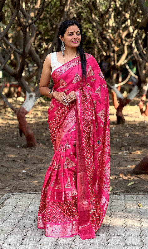 Dark Pink & Multi Coloured with 9 Inch Patta with Leheriya work, Jacquard Border Women Designer Dola Silk Saree with Blouse!!