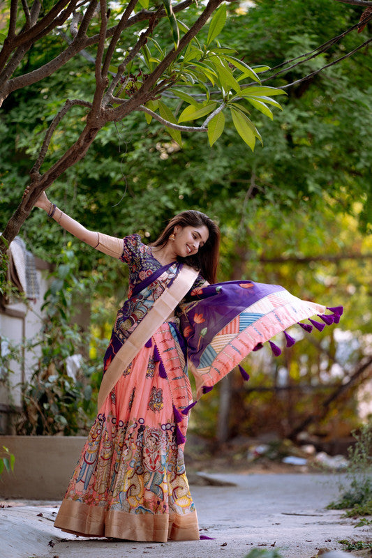 Peach & Multi Coloured Dola Silk with Kalamkari Print With Weaving Border Women Ethnic Party wear Lehenga choli ( Half Saree) with Dupatta!!