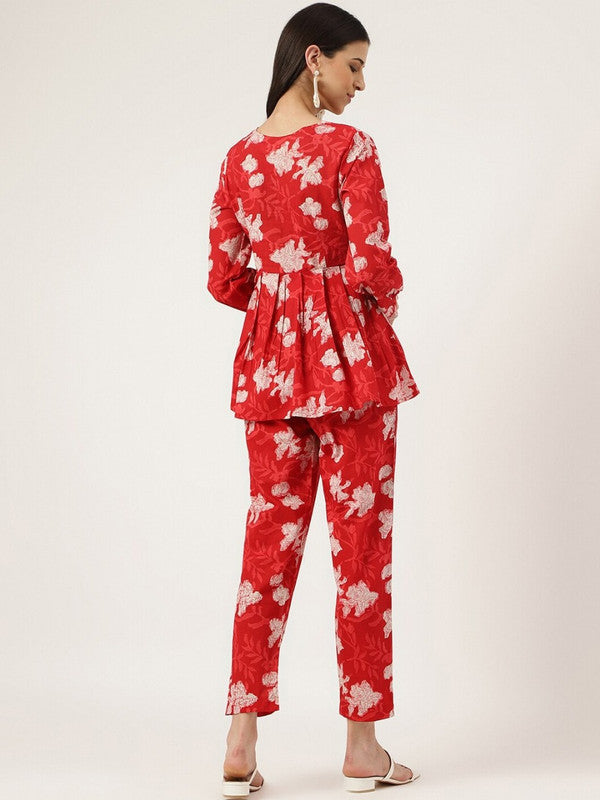 Red & White Coloured Pure Cotton Floral Printed V-Neck Peplum Women Party/Daily wear Western Top with Trousers Co-Ords!!