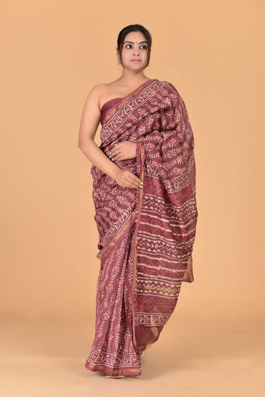 Maroon & Multi Coloured Chanderi Silk with Hand Block Printed Women Party/Traditional Wear Chanderi Silk Saree with Blouse!!