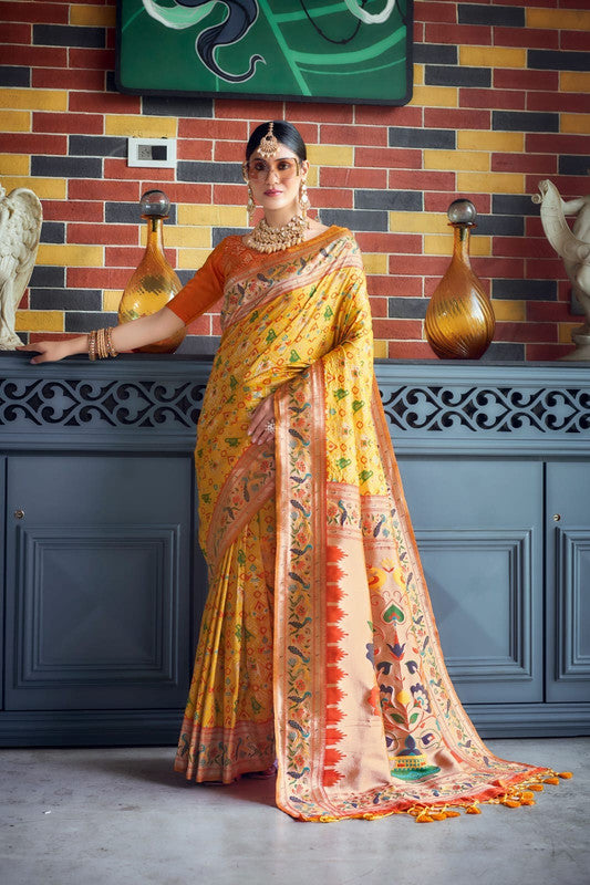 Yellow & Multi Coloured Meena & Zari weaves with Paithani work Women Ethnic wear Banarasi Soft Silk Patola Saree with Contrast Brocade Blouse!!