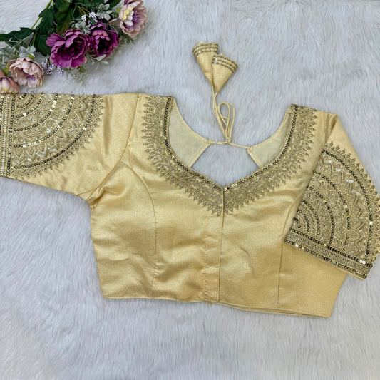 Gold Coloured Heavy Soft Milan Silk with Tricot Fuising, Embroidery, Thread & Sequence Woman Designer Partywear Ready made Blouse - 40 Size Fits Up to 42 Inch!!