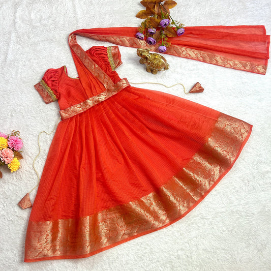 Red Coloured Kota Checks with Silver Zari Weaving Border & Thumar Lace Work Designer Girls Kids Designer Ethnic wear Gown with Belt & Dupatta!!