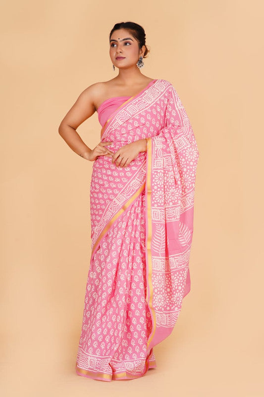 Pink with White Coloured Pure Cotton with Beautiful Jari Border Women Party/Casual wear Hand Block Printed Cotton Saree with Blouse!!