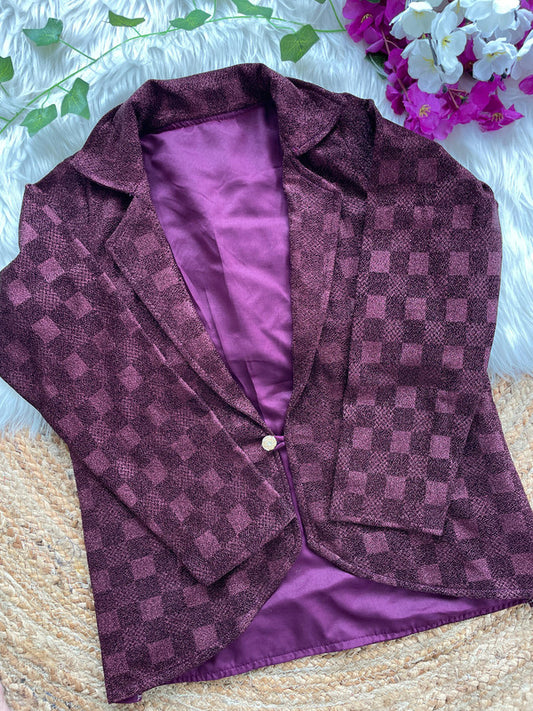 Wine Coloured Shining Checks Emboss Woman Designer Ethnic/Partywear Ready made Collar Style Fancy Jacket - 38 Size Fits Up to 42 Inch!!