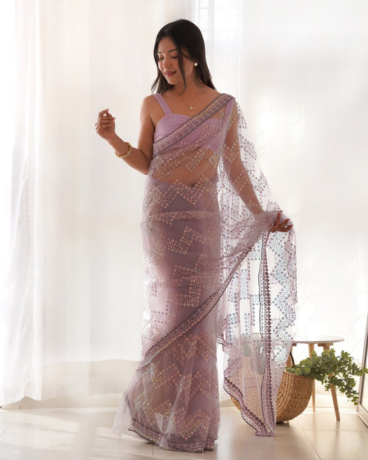 Light Purple Coloured Heavy Butterfly Net with Malti Threads & Sequence Embroidered Work Women Party wear Fancy Saree with Running Blouse!!