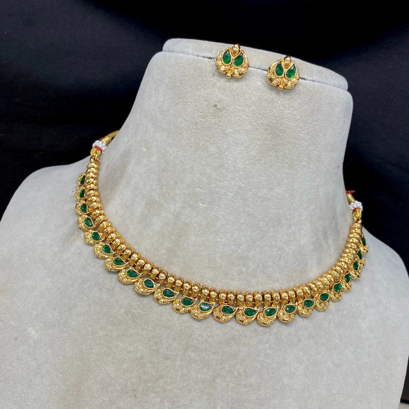 Gold & Green Coloured Pure Brass and Copper with Real Kundan Women Designer Gold Plated Necklace with Earrings Set!!