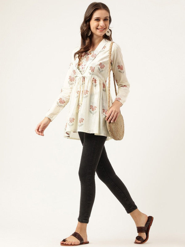 Cream Coloured Pure Cotton with Floral Printed Round neck, long, regular sleeves Women Party/Daily wear Western Longline Empire Top!!