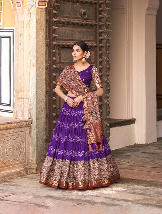 Purple & Multi Coloured Tussar Silk Dot And Ajarakh With Foil Print Woman Designer Party wear Lehenga choli & Dupatta!!