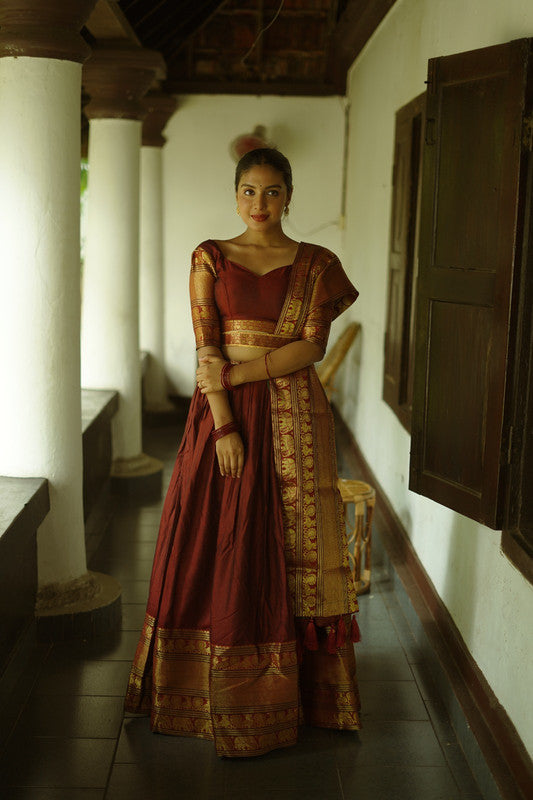 Maroon & Gold Coloured Narayan pet (Cotton) with Zari Weaving Work Women Ethnic Party wear Lehenga choli ( Half Saree) with Dupatta & Belt!!