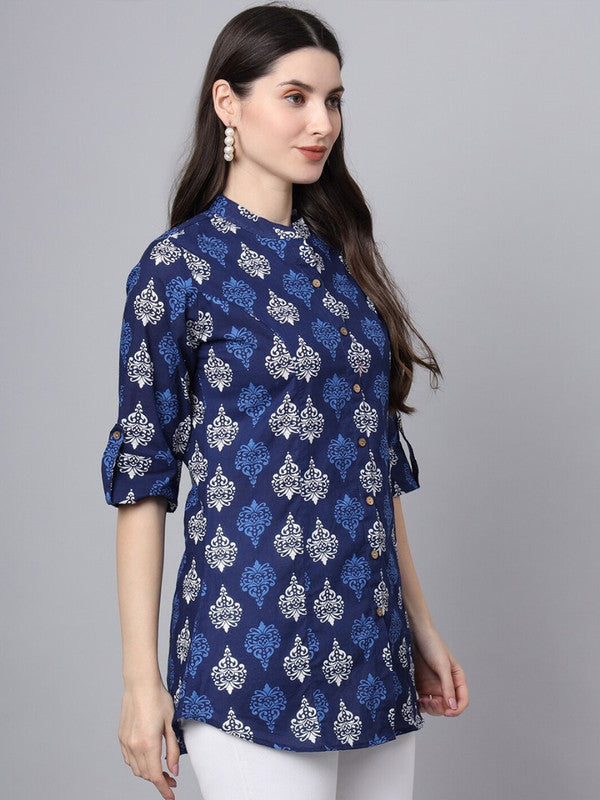 Blue Coloured Pure Cotton with Ethnic Motifs Printed Mandarin collar Three-quarter roll-up sleeves Women Casual/Daily wear Western Shirt Style Top!!