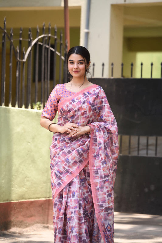 Pink & Multi Coloured Heavy Linen with Beautiful Digital Print Women Party/Casual wear Cotton Saree with Running Blouse!!