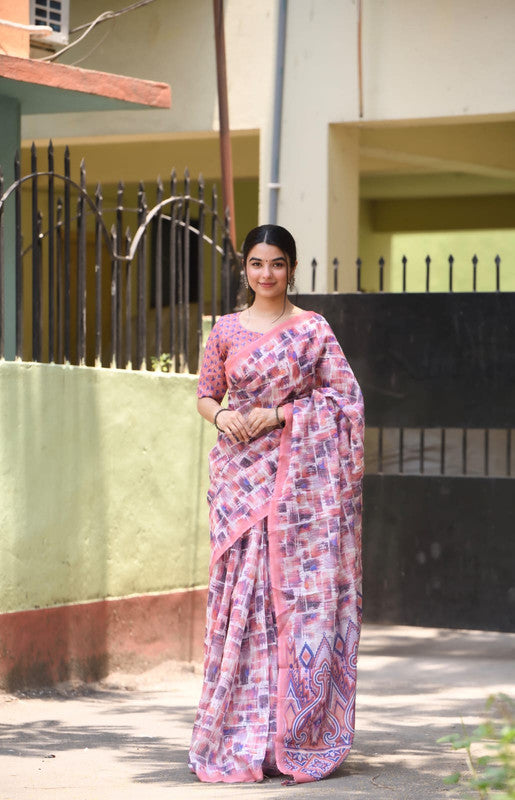 Pink & Multi Coloured Heavy Linen with Beautiful Digital Print Women Party/Casual wear Cotton Saree with Running Blouse!!