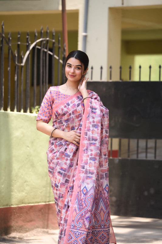 Pink & Multi Coloured Heavy Linen with Beautiful Digital Print Women Party/Casual wear Cotton Saree with Running Blouse!!