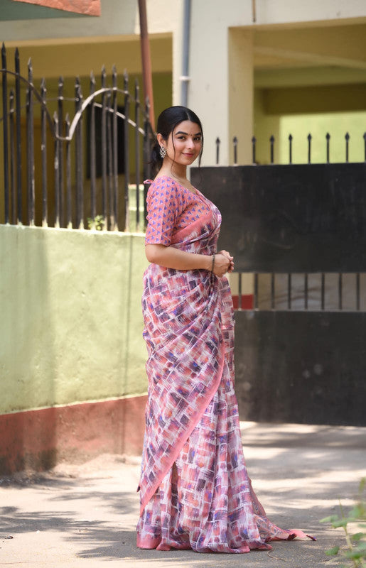 Pink & Multi Coloured Heavy Linen with Beautiful Digital Print Women Party/Casual wear Cotton Saree with Running Blouse!!