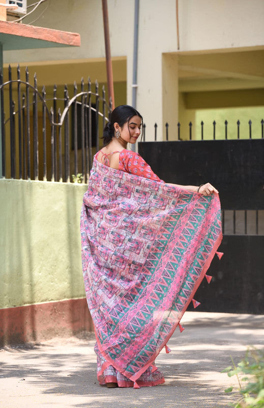 Pink & Multi Coloured Heavy Linen with Beautiful Digital Print Women Party/Casual wear Cotton Saree with Running Blouse!!