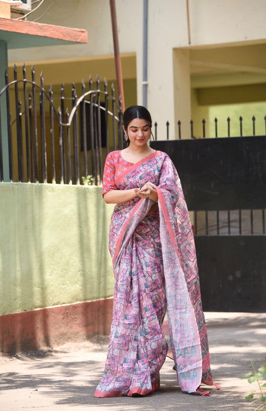 Pink & Multi Coloured Heavy Linen with Beautiful Digital Print Women Party/Casual wear Cotton Saree with Running Blouse!!