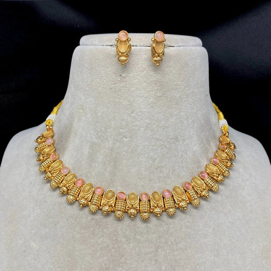 Gold & Pink Coloured Pure Brass and Copper with Real Kundan Stones Women Designer Gold Plated Choker with Earrings Set!!