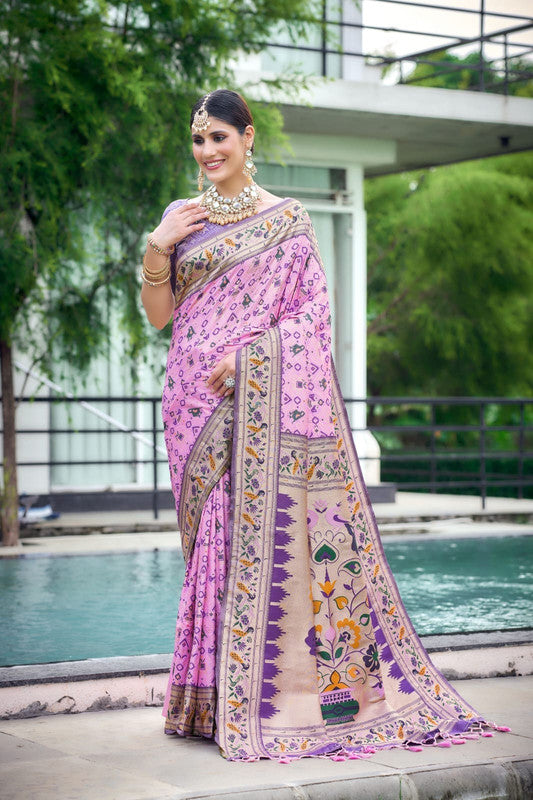Ligh Pink & Multi Coloured Meena & Zari weaves with Paithani work Women Ethnic wear Banarasi Soft Silk Patola Saree with Contrast Brocade Blouse!!