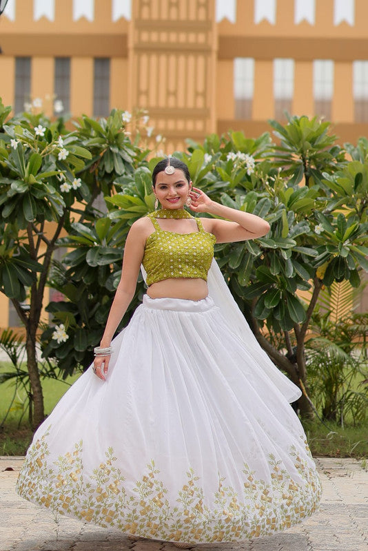 Mehendi Green with White & Multi Coloured Pure Georgette with Heavy Embroidery Work Women Ethnic Festival wear Lehenga Choli & Dupatta!!