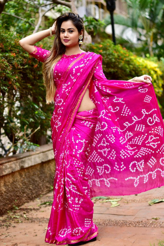 Rani Pink Coloured Premium Silk with Beautiful Bandhani Print Women Party/Festival wear Silk Saree with Runing Blouse!!