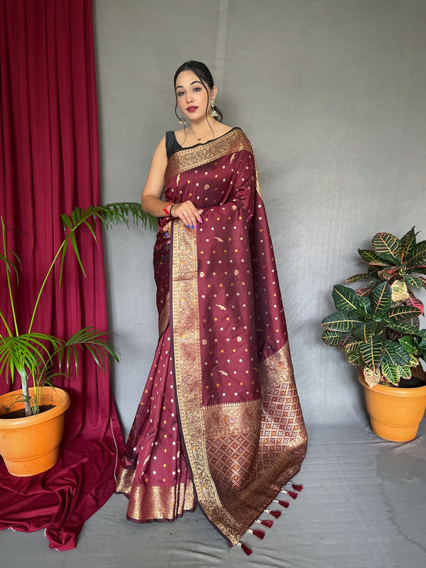 Maroon & Multi Coloured with Copper & Golden Zari & Beautiful Motifs, Rich Pallu Women Designer Soft Silk Saree with Blouse!!