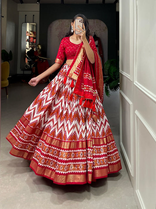 Red & Multi Coloured Tussar Silk Leheriya With Foil Print Woman Designer Party wear Lehenga choli & Dupatta!!