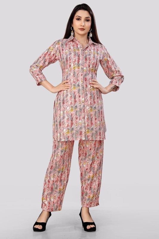 Pink & Multi Coloured Mill Print Cotton Rayon Collar Neck 3/4 Sleeves Women Party/Casual wear Co-Ord Set Top with Bottom!!