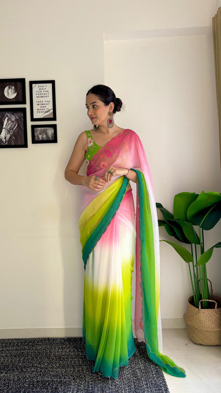 Parrot Green & Multi Coloured Shaded Faux Georgette with Fancy Arco Border Women Fancy/Party wear Saree with Blouse!!