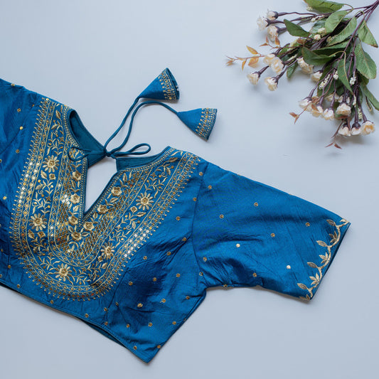 Rama Blue Coloured Olive Silk with Golden Embroidery with Sequence Work Woman Designer Ethnic/Partywear Ready made Blouse - 38 Size Fits Up to 40 Inch!!